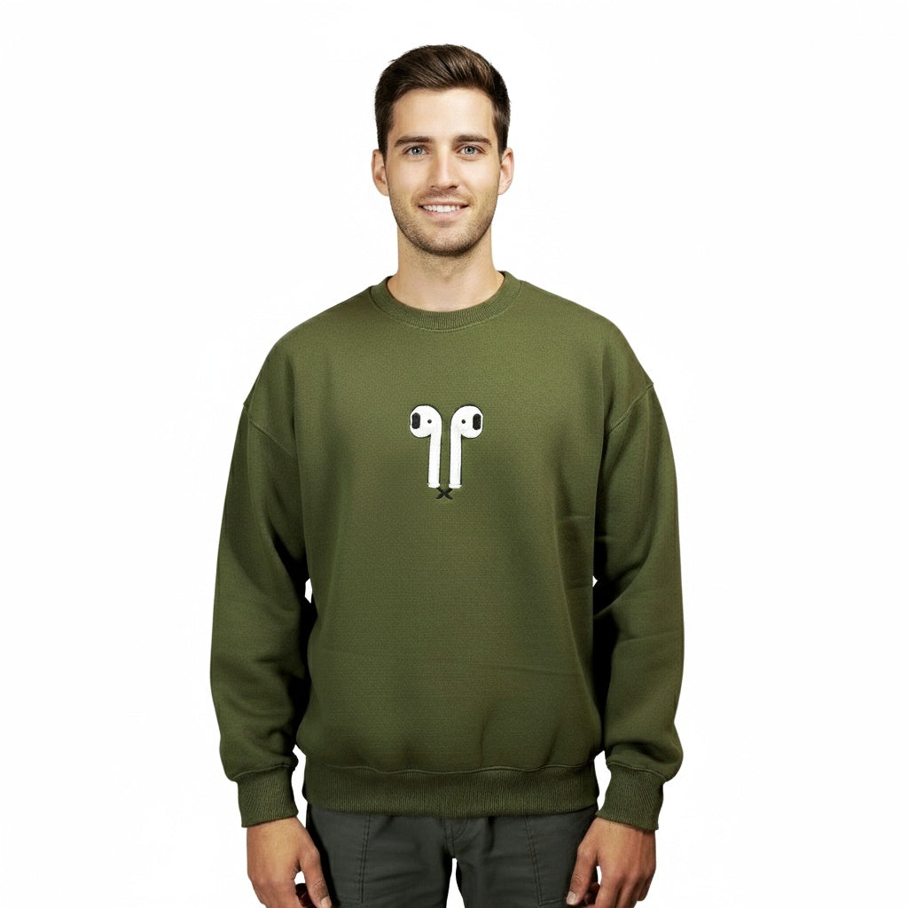 COSYSTAR OLIVE GREEN EARBUD EMBROIDERY SWEATSHIRT