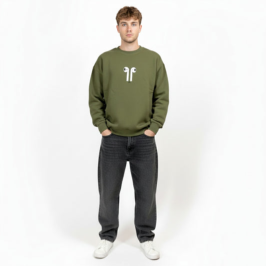 COSYSTAR OLIVE GREEN EARBUD EMBROIDERY SWEATSHIRT